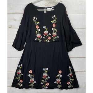 Junarose Dress 14 Black Knee Length Floral Embroidered Bell Sleeve Pleats Boho